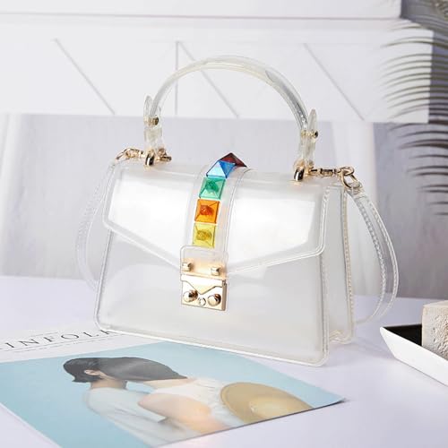 Studded Purse Clear Jelly Studs Handbag for Women Rainbow Acrylic Buckle Top Handle Studded Purse Shoulder Strap Party Daily4