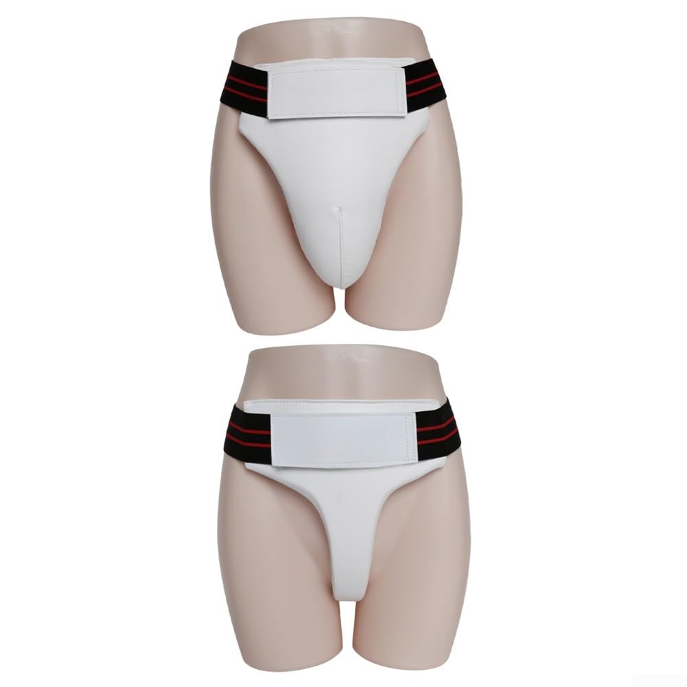 Protège-aine de boxe en cuir PU pour homme et femme – Sangles réglables Design bonnet profond pour entraînement Muay Thai Blanc Noir 23 cm