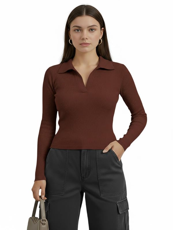 dream beauty fashion Women's Collared Neck Long Sleeve Slim Fit Casual Tee Top for Woman-picture-28