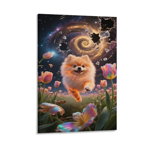 Tableau Chiot Poméranie lavable avec design artistique 3D géométrique sur toile saine