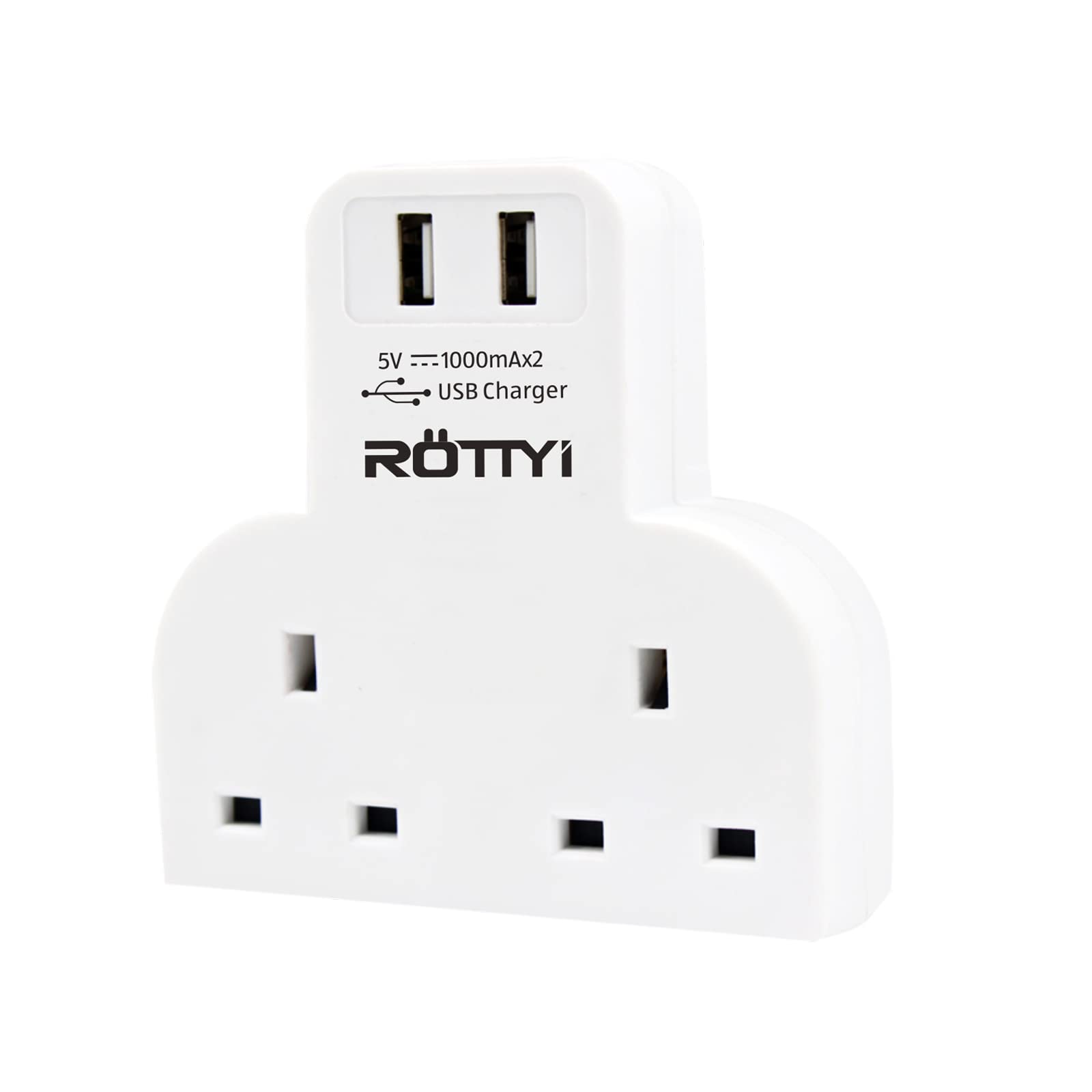ROTTYIMulti 2 Plug Adapter with 2 USB Port.Charging Station Extension Wall Charger,Wall Socket Plugs,13A Wall Plug Extender for Smart Phones, iPhones, Samsung, iPads, Tablets