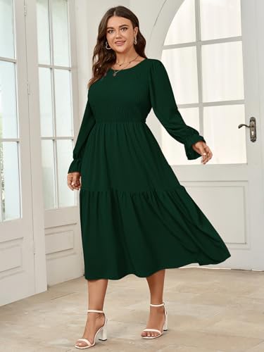 Image of SHESTARR Women's Plus Size Dress Long Sleeve Crewneck Smocked Tiered Flowy Boho Wedding Party Maxi Dresses