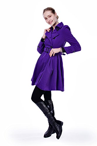 Image of ForeMode Women Swing Double Breasted Wool Pea Coat with Belt Buckle Spring Mid-Long Long Sleeve Lapel Dresses Outwear (Small, Purple)