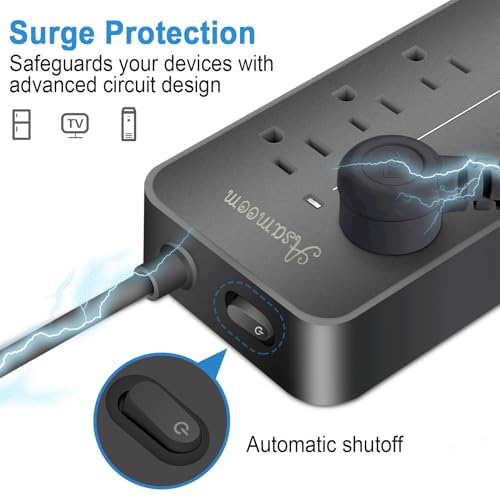 Regleta protectora contra sobretensiones con enchufe plano de 25 pies - 8 tomas y 3 puertos USB (A y C), regleta extensible montable en pared para oficina en casa - Negro - Certificación ETL miniatura 2