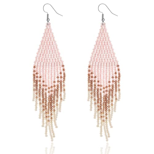 Native Beaded Tassel Earrings Boho - Handmade Seed Bead Statement Fringe Drop Earrings for Women Dangling (Light Pink)