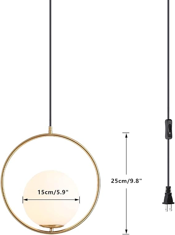 1 Lights Modern Globe Pendant Light Fixture Plug in Cord Large Gold White Glass Ball Pendant Lighting Plug in Brushed Brass Chandelier Mid Century Ceiling Hanging Lamp Plug in