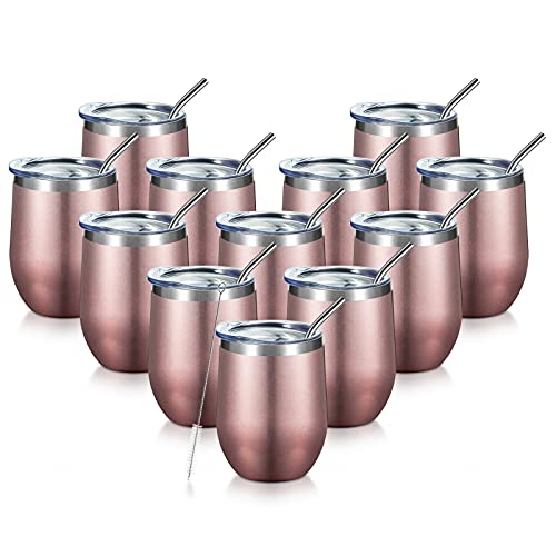 One-Day Sale: Up to 60% Off COMOOO Rose Gold Stainless Steel Wine Tumbler Bulk with Lid and Straw 12oz Double Wall Vacuum Insulated Travel Tumbler Cup for Coffee Wine Cocktails Ice Cream Cup Rose Gold, 12 pack