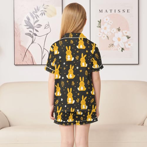 Cute Simple Yellow Bunny Summer Satin Pajama Set, Cute Button-Down Sleepwear Pj Set for Sleep Wears4