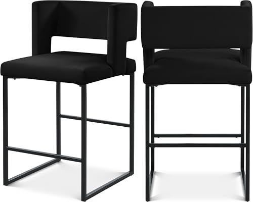 Meridian Furniture Caleb Collection Modern | Contemporary Counter Height Stool with Unique Square Back and Sturdy Iron Legs, Set of 2 Black Velvet, 19.5' W x 20.5' D x 36' H
