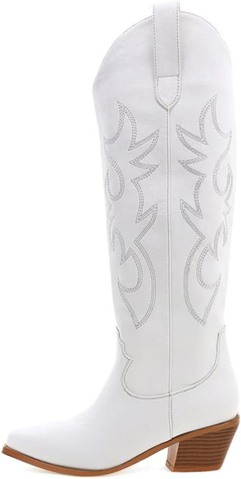 Cowboy Boots for Women Embroidered Pull-On Chunky Stacked Heel Cowgirl Knee High Western Boots