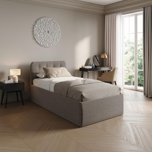Home Collective Polsterbett 100x200 cm Doppelbett Bett mit verstellbarem Lattenrost & Bettkasten, gepolstertes Kopfteil, Made in Germany | Beige