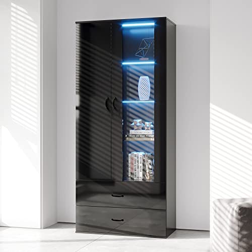 Yoluckea Modern Led Bookcase Storage Cabinet With 3 Glass Shelves And 2 Drawers, 72" Tall Curio Cabinet Collection Display Cabinet Side Cabinet For Living Room, Hallway, Office #TOP10