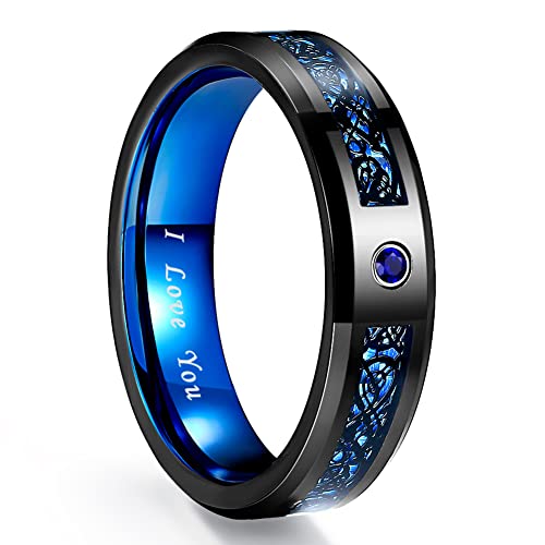 √ Anello con zircone celtico: anello con drago celtico nero, fibra di carbonio blu e zircone blu; 6 mm di larghezza, anello esterno nero, anello interno blu.