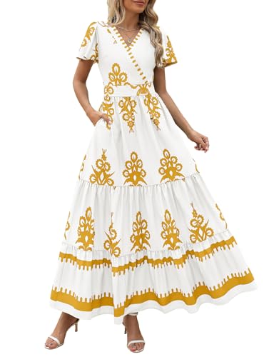 Image of PRETTYGARDEN Womens 2026 Summer Casual V Neck Boho Maxi Dress Flowy Aline Bell Sleeve Tiered Floral Dresses with Pocket
