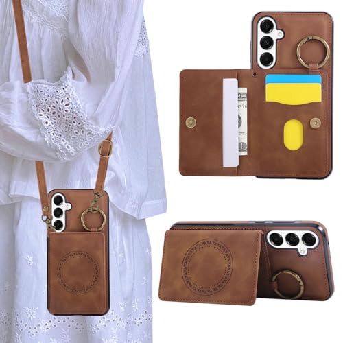 Rosbtib Coque Magnétique pour Samsung Galaxy A16 4G/5G 6.7 Pouces 2024 Étui magnétique pour téléphone avec Porte-Cartes avec bandoulière Longue Étui pour Galaxy A16, Marron