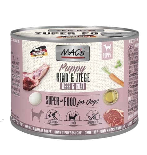 MAC’s Dog Puppy Rind & Ziege 6 x 200g | Getreidefreies Nassfutter für Welpen | Hoher Fleischanteil 90% | Leicht verdaulich | Mit Calcium für Knochenwachstum
