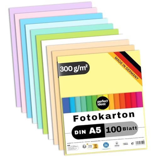 perfect ideaz - 100 Blatt Fotokarton DIN-A5, 10 Farben, 300 g/m², Made in Germany, Blauer Engel zertifiziert