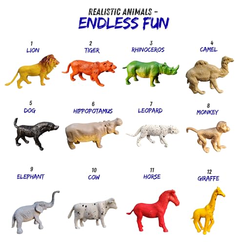 Image of ZESTHOME Mini Animal Toys Set for Kids | Small 2-Inch PVC Rubber Figures - Lion, Tiger, Elephant, Horse, Giraffe, Monkey, Cow, Fox | Educational & Fun Play | 12-Piece