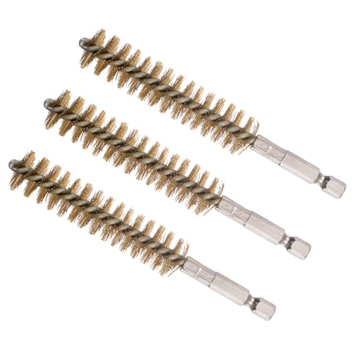Image of Bore Brush, 17mm Dia 75mm Length, Brass Twisted Cleaning Wire Brushes with 1 /4 inch Hex Shank - (Applications: for Power Drill), 3-Pieces