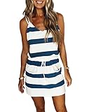 Womens Summer Trendy Striped Dresses Sleeveless Halter Strap Mini Dress with Pockets
