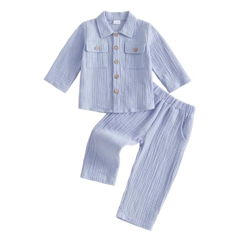Image of VISGOGO Toddler Boy Linen Outfit Baby Boy Fall Winter Clothes Set Button-Down Shirt Tops Cotton Linen Pants 2PCS