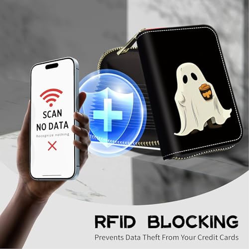 Image of Cute Credit Card Holder with Zipper, Coffee Ghosts RFID-Blocking Card Case Small Wallet for Women Men, Multi-slot Card Organizer Case Travel Accordion Wallet