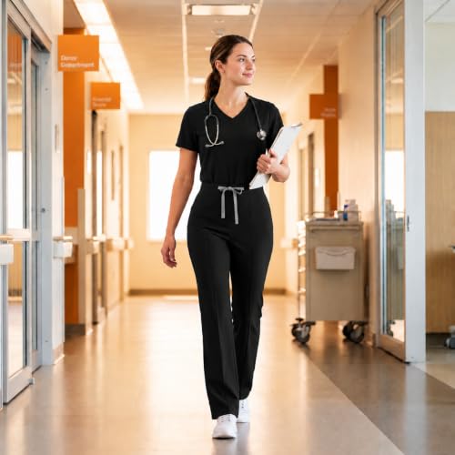 Newward High Waisted Flare Scrub Pants for Women, 4-Way Stretch Soft Breathable Yoga Bottoms with Drawstring 4 Pockets Black - image 3