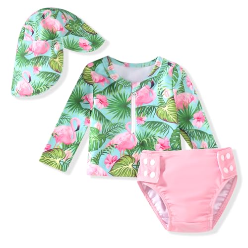 Image of HINTINA Newborn Baby Girl Long Sleeve 2-Pieces Swimsuit Bathing Suit with Hat