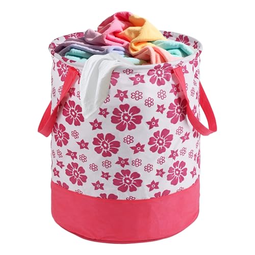 Image of Urbane Home 45L Foldable Dirty Clothes Laundry Basket With Handles For Washing - Baby Unwashed Dress Bin /Storage Box | Floral Print -Pink & White
