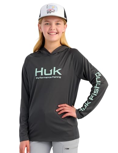 HUK Kids Pursuit Long Sleeve Graphic Hoodie, Lightweight, UPF Sun Protection, Quick-Drying Fishing Shirt, Volcanic Ash, X-Small
