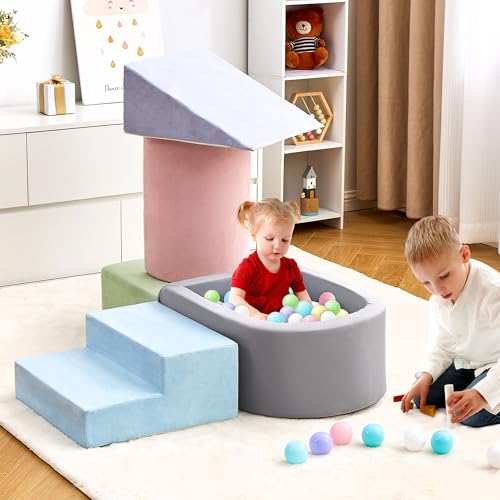 Image of RELIANCER 5PCS Toddler Climbing Toys with Ball Pit,Climb & Crawl Foam Block Play Set,Kids Modular Foam Climbing Blocks,Interactive Soft Building Blocks Toy Set,Indoor Children Climb and Slide Game Set