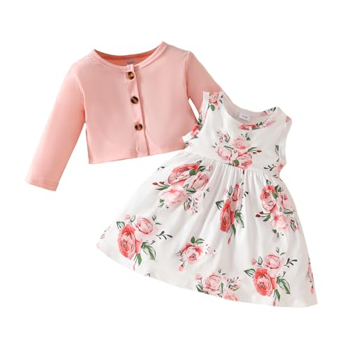 JiAmy Conjuntos de Vestidos para Bebés Niñas Sin Mangas con Estampado Floral de Tul Tutú Vestidos Cárdigan de Punto Gofre de Manga Larga Abrigo Conjunto de Ropa de 2 Piezas para Niñas Pequeñas de 6