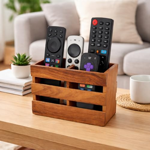 Image of Craft Mshopr Wooden Remote Control Holder, Brown Finish, 16.5 x 12.7 cm, Rectangular Multi-Compartment Organizer (Brown)