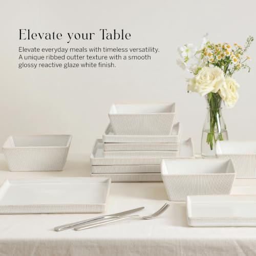 Image of Stone Lain Grace Stoneware 24-Piece Modern Square Dinnerware Set, Ribbed Plates and Bowls Set, White