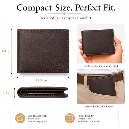 Image of SOVANO Genuine Leather Wallets for Man Original Bi Fold Slim Mens Wallets Design with RFID Protection ID Window Easy Access 6 Card Slots 2 Hidden Pockets Compact Gift for Men (Brown)