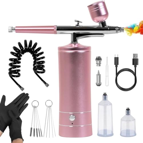 Pesderty Kit de AeróGrafo con Compresor de Aire y Guantes, AeróGrafo de Alta PresióN de 27 PSI con Manguera, AeróGrafo InaláMbrico para Pintura de Modelos, Color Rosa