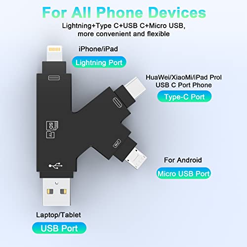 Multi 4-in-1 Lightning+Type C+USB A+Micro USB Card Reader for iPhone/iPad/Android/Mac/Computer/Tablet Camera,Portable Card Adapter&Trail Camera Viewer Compatible with SD/TF/Micro SD Card
