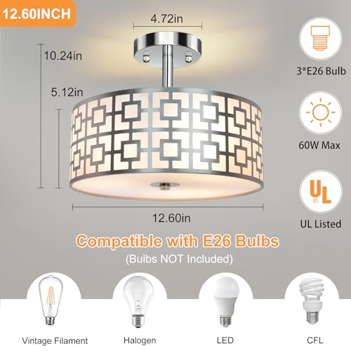 DLLT Flush Mount Ceiling Light: Modern 3-Light Brushed Nickel Kitchen Light Fixture - Drum Lighting Fixture for Dining Room - Silver Bedroom Ceiling Lamp with Double Shade by DINGLILIGHTING - Image 4