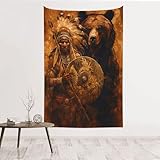 Sturin Native American Warrior and Bear Tapestry Wall Hanging Poster Tapestries Home Decor for Living Room 60X40 Inch