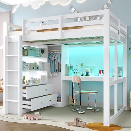 Lit Mezzanine 140x200 cm avec Bureau Intégré, Cadre De Lit en Pin Et MDF avec 2 Tiroirs et Étagères, Lit en Hauteur avec Éclairage LED et Port USB, pour Chambre d' Ado ou Étudiant, Blanc