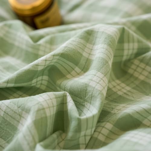 Image of EAVD Vintage Style Green&White Plaid Gingham Duvet Cover Queen Soft 100% Washed Cotton Fresh Grid Checkered Gingham Bedding Set with 2 Pillowcases Farmhouse Green Plaid Duvet Cover with Zipper Closure