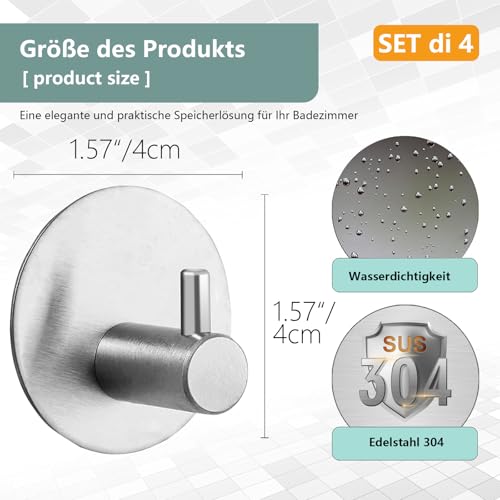 UNILECON Klebehaken Extra Stark für Badezimmer - 4 Stück, ohne Bohren, 304 Edelstahl Selbstaht Klebe-Haken (Silber), für Küchen, Badezimmer und Toilettenkabinette
