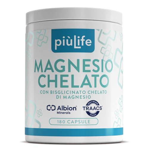 Magnesio Chelato PiùLife – 450 mg Bisglicinato di Magnesio Albion TRAACS con Vitamine B6, B1 e B5 – Funzione Muscolare, Sistema Nervoso e Contrasta Stanchezza e Affaticamento – 180 Capsule
