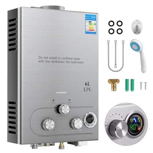 Calentador de agua de gas propano gpl 6L/8L, con modos de invierno y verano, calentador de agua instantáneo sin depósito 16kw con kit de ducha, quemador de caldera para camping, RV, casa (6L)