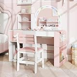 GOPLUS Set de Tocador y Silla Infantil, Tocador para Niñas con Espejo Iluminado, Estantería de 2 Niveles, Cajón, Silla Cómoda, Mesa de Maquillaje de Princesa para Niños de 3+ Años (Blanco)