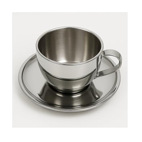 Stainless Steel Double Wall Coffee and Tea Cup with Saucer – Insulated Metal Mug Set – Reusable Teacups, Saucers & Mugs for Latte, Cappuccino, Milk Tea – Modern Rustproof Drinkware for Home & Office