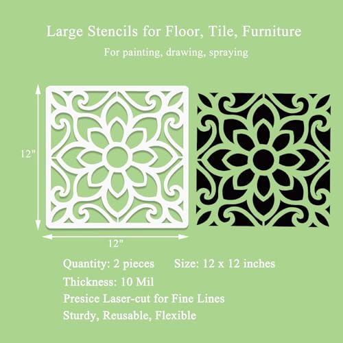 2pcs 12 x 12 Inches Large Stencils for Painting Floors, Walls, Patio, Tiles, Wood, Reusable Large Mandala Stencil for Concrete Floor