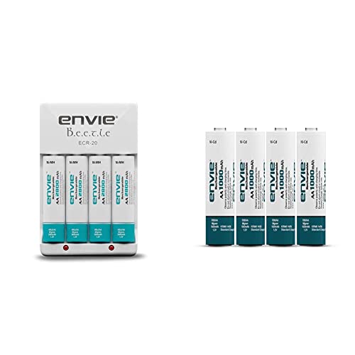 Image of ENVIE (ECR20+AA2800 4PL) Charger for AA & AAA Rechargeable Batteries & (AA10004PLNi-CD) AA Rechargeable Batteries, Low Self Discharge, AA 1000mAh Ni-CD (Pack of 4)