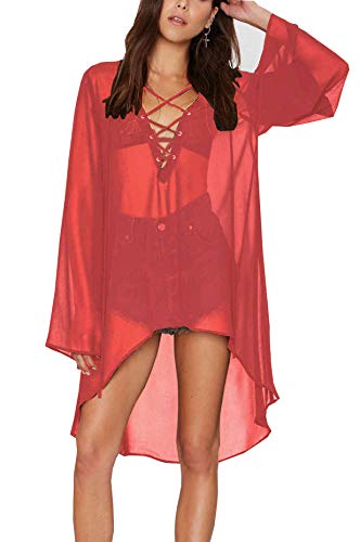 Wander Ago Beach Club Sexy Coverups Skirt Long Sleeve V-Neck Dresses Rose Red