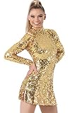 Balera Dance Dress Ultra Sparkle Long Sleeve Mock Neck with Keyhole Back and Built-in Biketard Gold Child Large